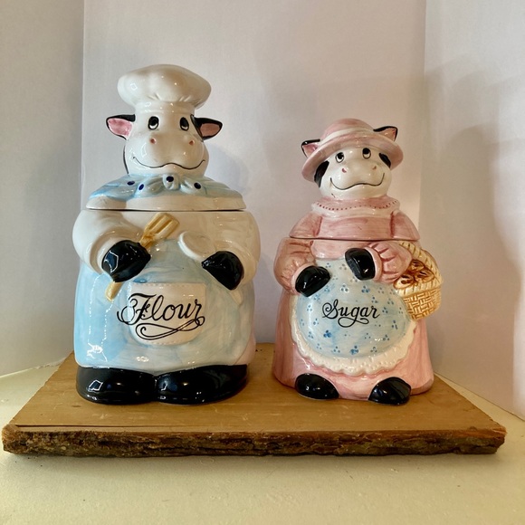 Funny Vintage Cow Flour Sugar Canister Set Ceramic